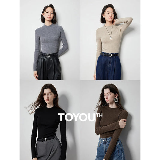 TOYOUTH Knitted Tops 2024 Autumn Winter Long Sleeve Half Turtleneck Warm Solid Color Basic Knit Pullovers Jumpers Sweater Tops