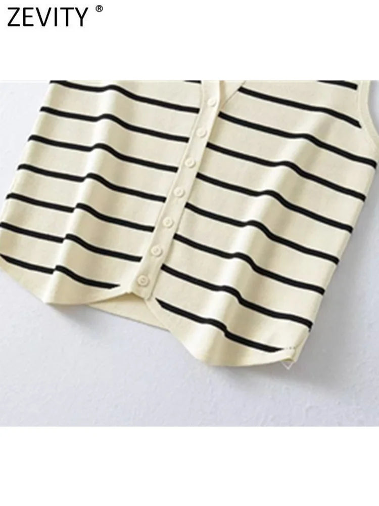 New Women Fashion V Neck Sleeveless Striped Pattern Knitted Vest Sweater Female Chic Single Breasted Cardigan Tops SW4789