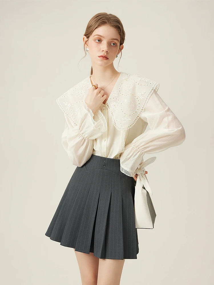 FSLE Age-reducing College Style Grey Pleated Skirt for Women Summer High-waist Design Striped A-line Skirt Female 24FS12081