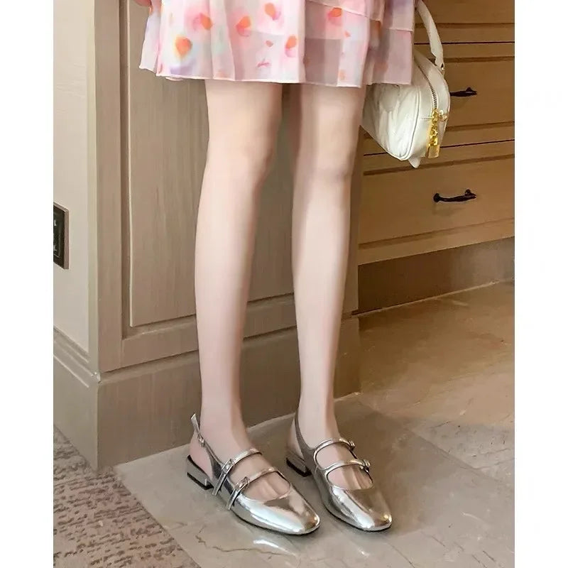 Women Sandals Summer 2024 Woman Low Heels Double Buckle Mary Janes Shoes Patent Leather Dress Shoes Back Strap Zapatos Mujer