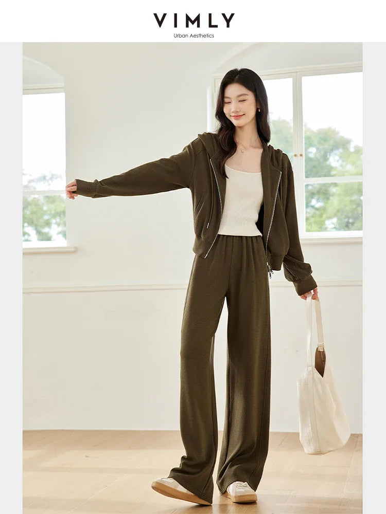 VIMLY Women Autumn Simple Solid Hooded Top Thin Jacket Wide Leg Pants 2pcs Set Women's Office Lady Pants Set Casual Tracksuit