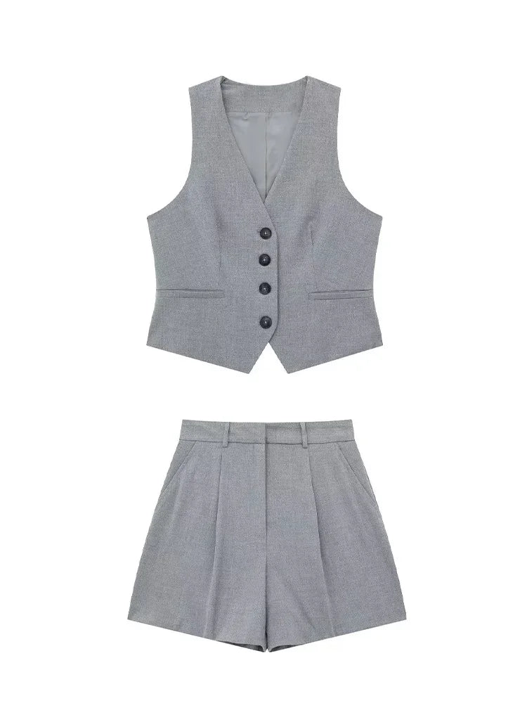 Willshela Women Fashion 2 Piece Set Grey Single Breasted V-Neck Vest & Vintage High Waist Shorts Female Chic Lady Shorts Set