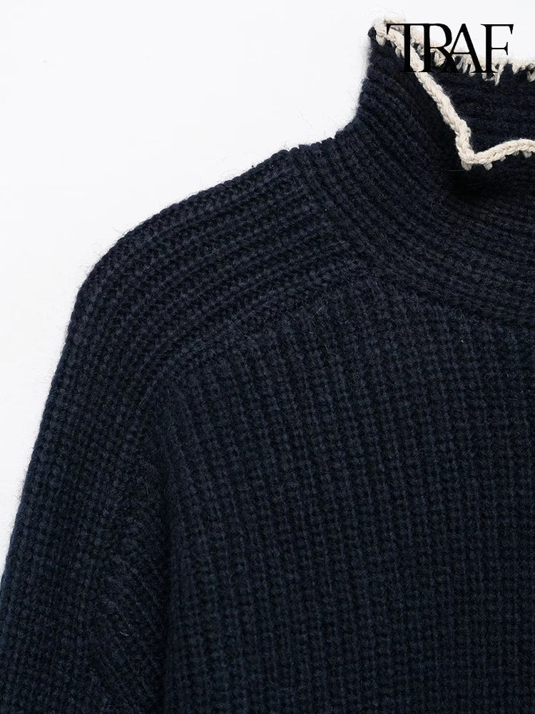 TRAF Women's Fashion Simple Solid Color Bow Embellished Knit Sweater 2024 Autumn and Winter New Vintage High Street Sweater