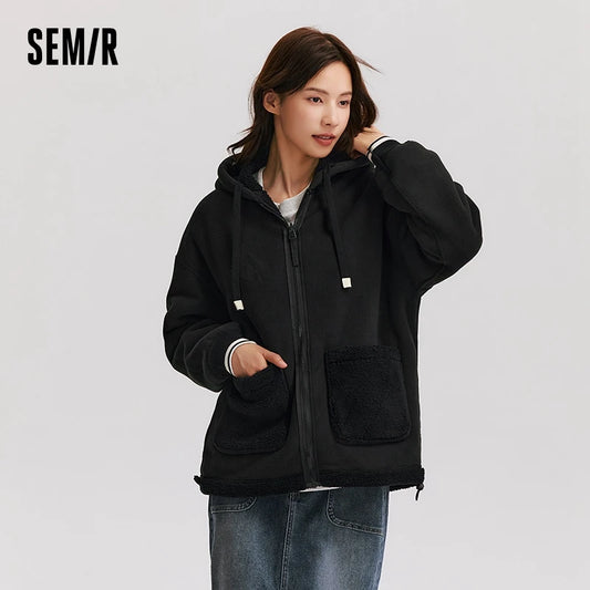 Semir Coat Women Imitation Lamb Wool Polar Fleece Double-Sided Wear Loose 2024 New Winter Contrast Color Simple Hooded Jacket