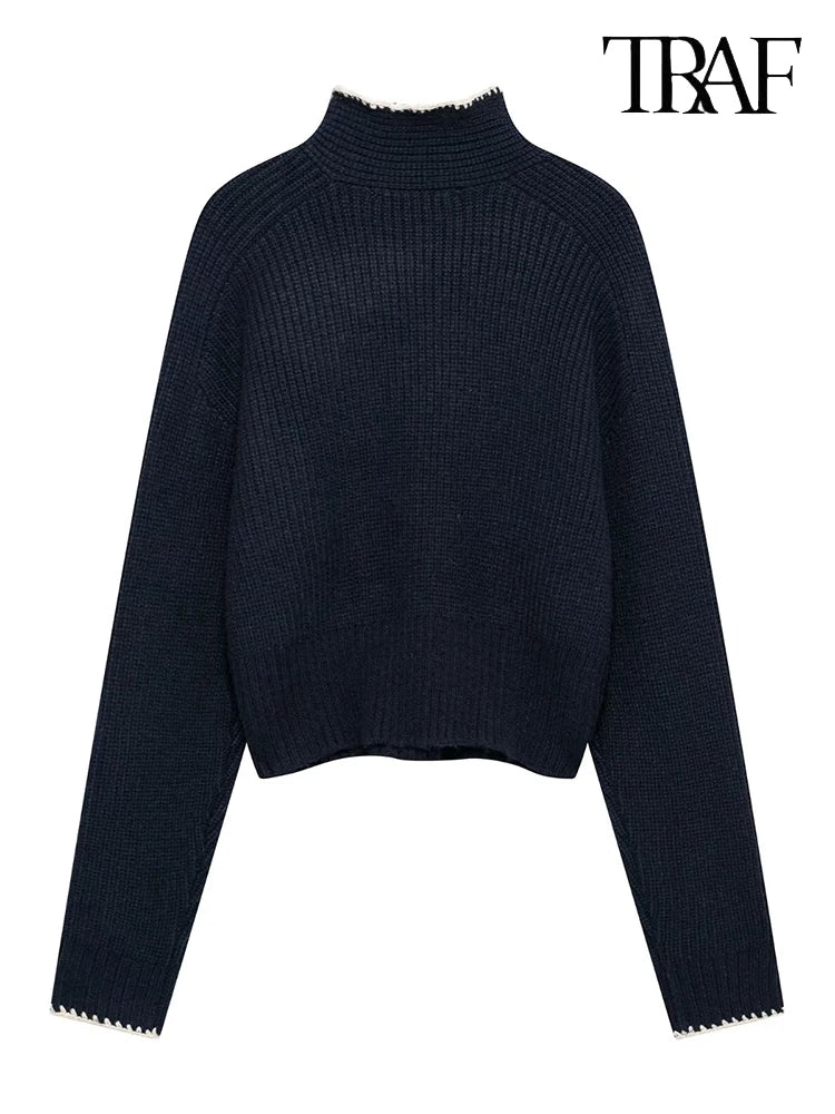 TRAF Women's Fashion Simple Solid Color Bow Embellished Knit Sweater 2024 Autumn and Winter New Vintage High Street Sweater