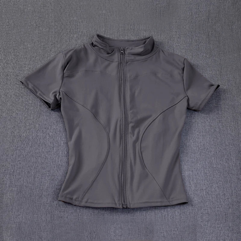 Summer High Quality Waist Slimming Training Tops Women's Quick-drying Tight Stand Collar Full Zipper Short Sleeves Yoga shirts