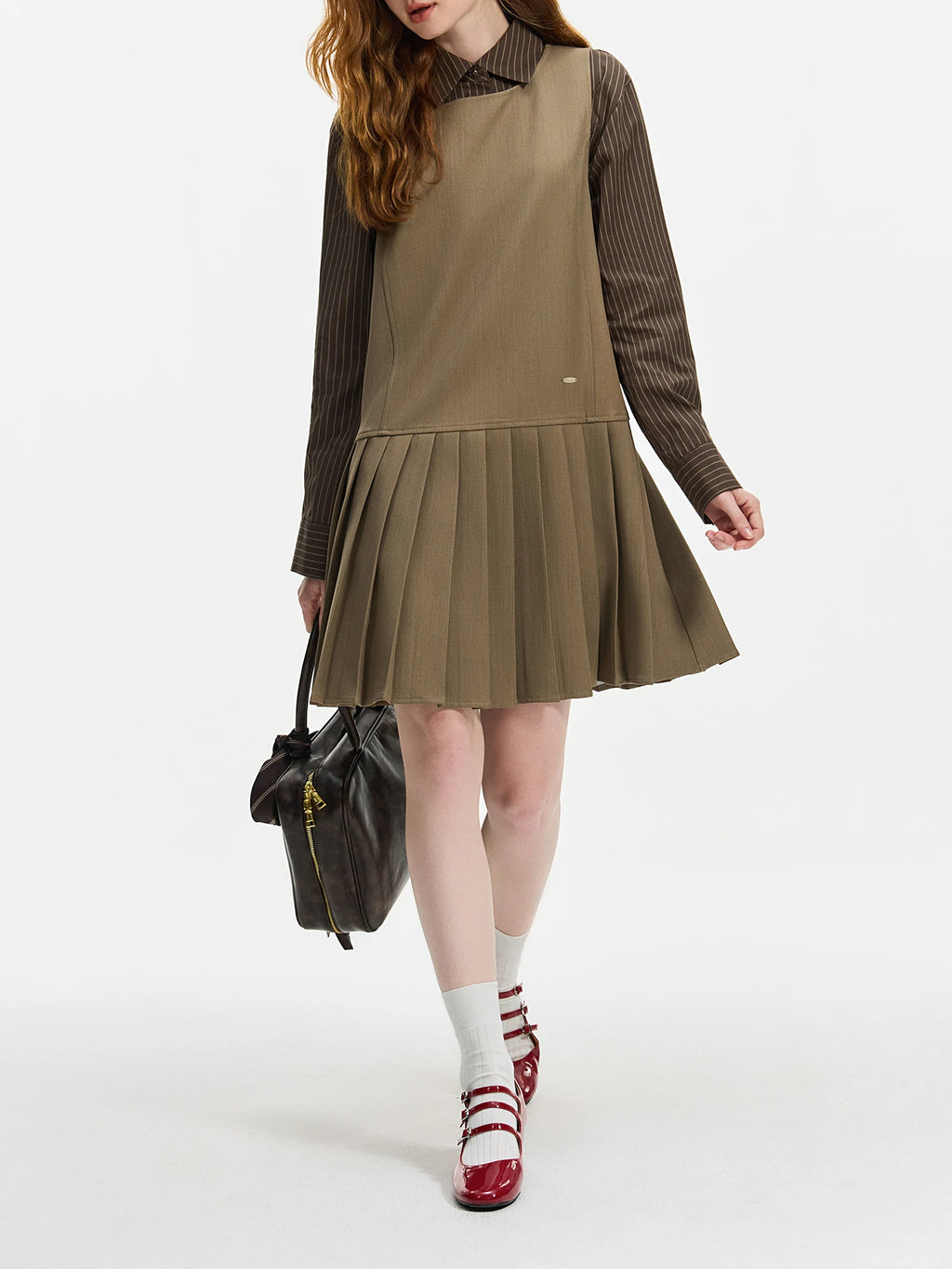 FSLE Women Knee-Length Dress Polo Neck Striped Top Fake Two Design Female Brown Pleated Mini Dresses Twill Dress 24FS14467