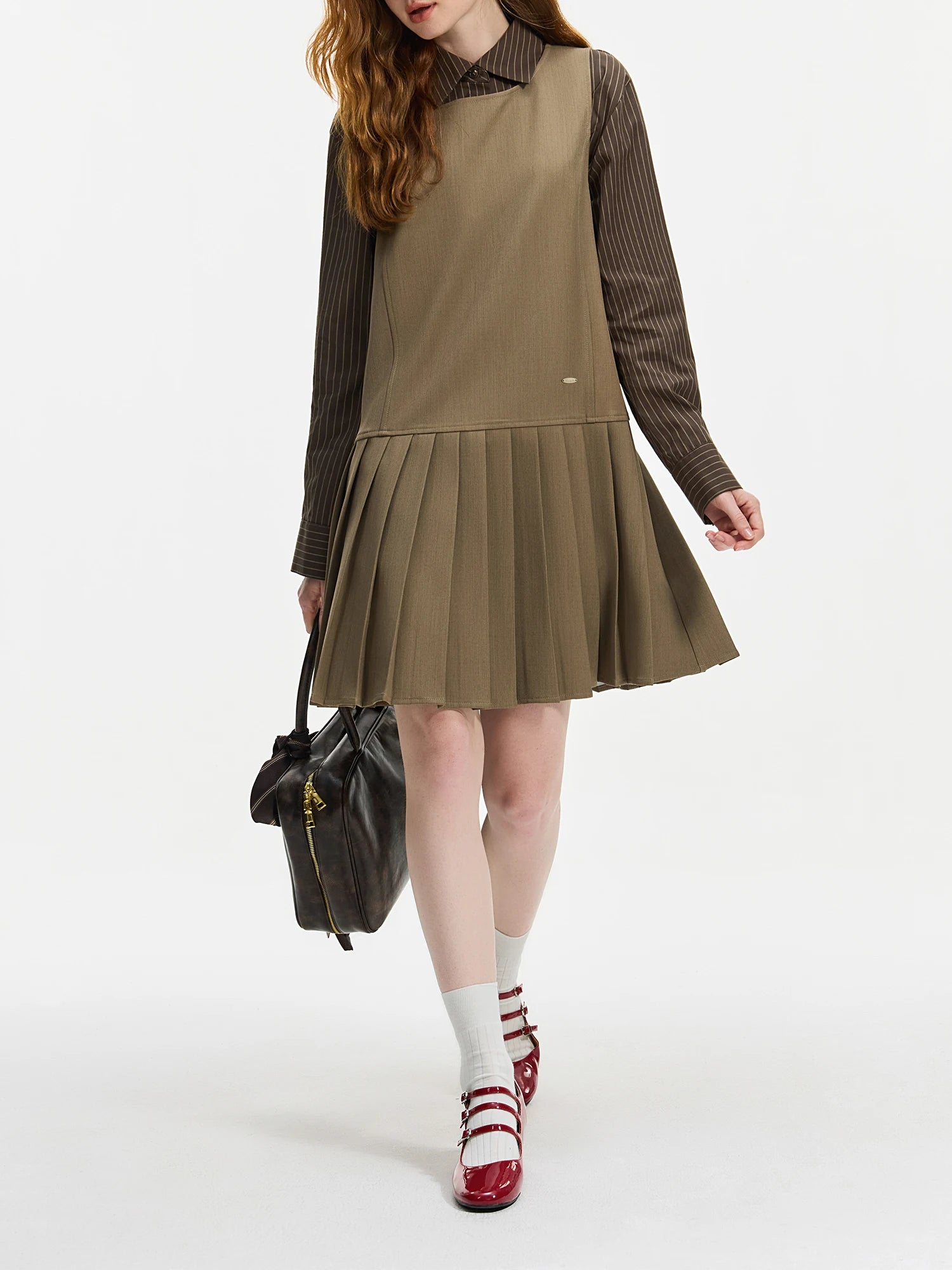 FSLE Women Knee-Length Dress Polo Neck Striped Top Fake Two Design Female Brown Pleated Mini Dresses Twill Dress 24FS14467