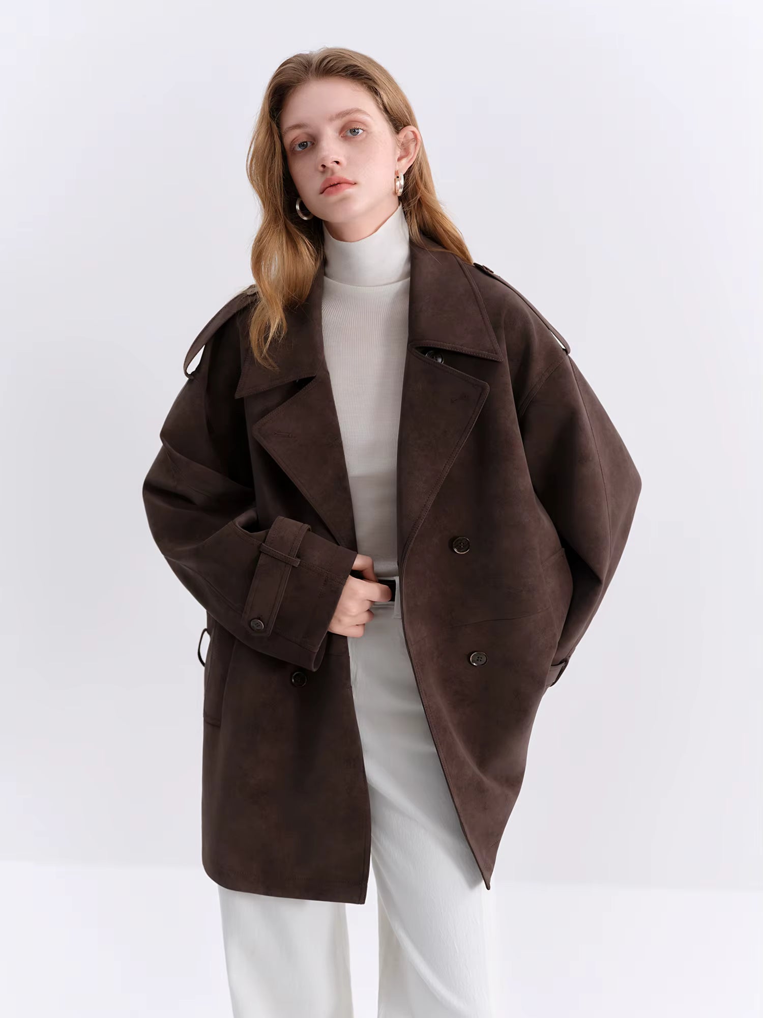 Retro Double-breasted Lapel Loose Leather Jacket for Women 2025 Winter New Casual Coffee-colored Jacket Loose Fit