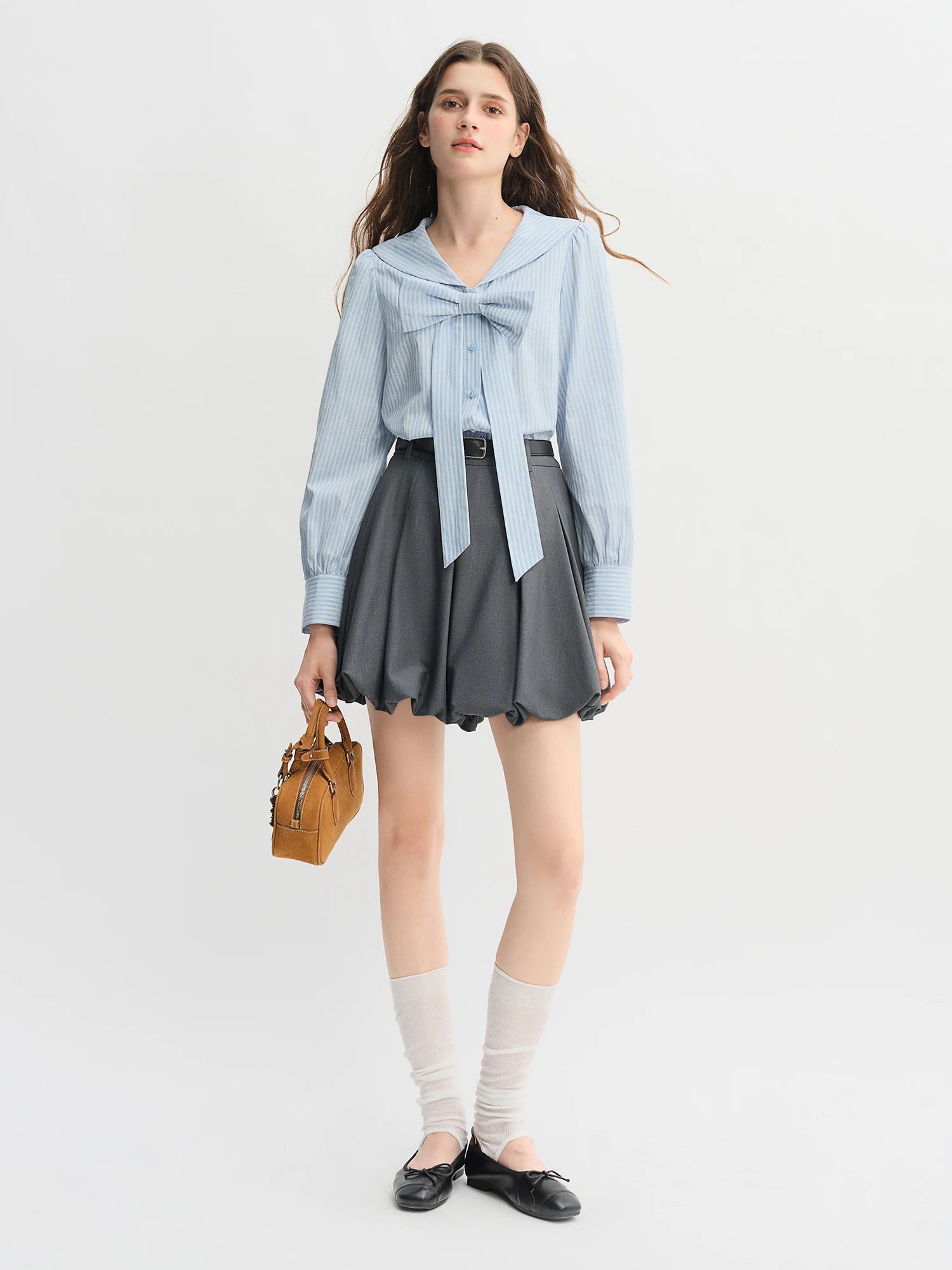 DUSHU Plus Size Women's Navy Collar Bow-Decorated Striped Shirt Dress 2025 Autumn Collection Gentle Youthful Style
