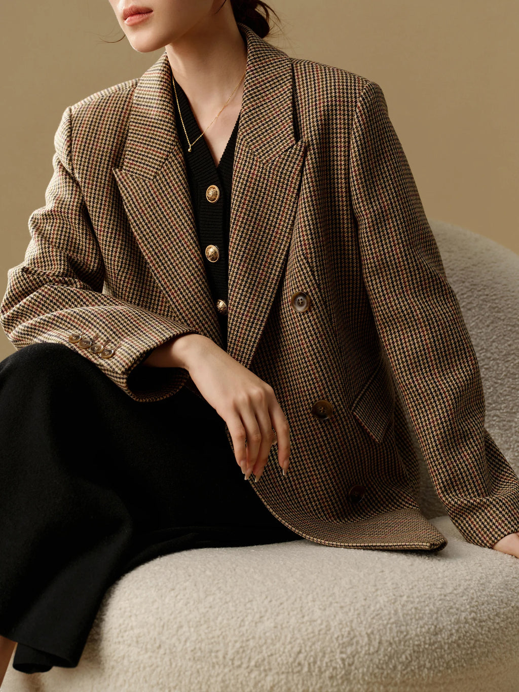 DUSHU Plus Size Fashionable Commuter Grid Pattern Suit 2024 Winter New Regular Brown Women Casual Loose Coat 24DS84354