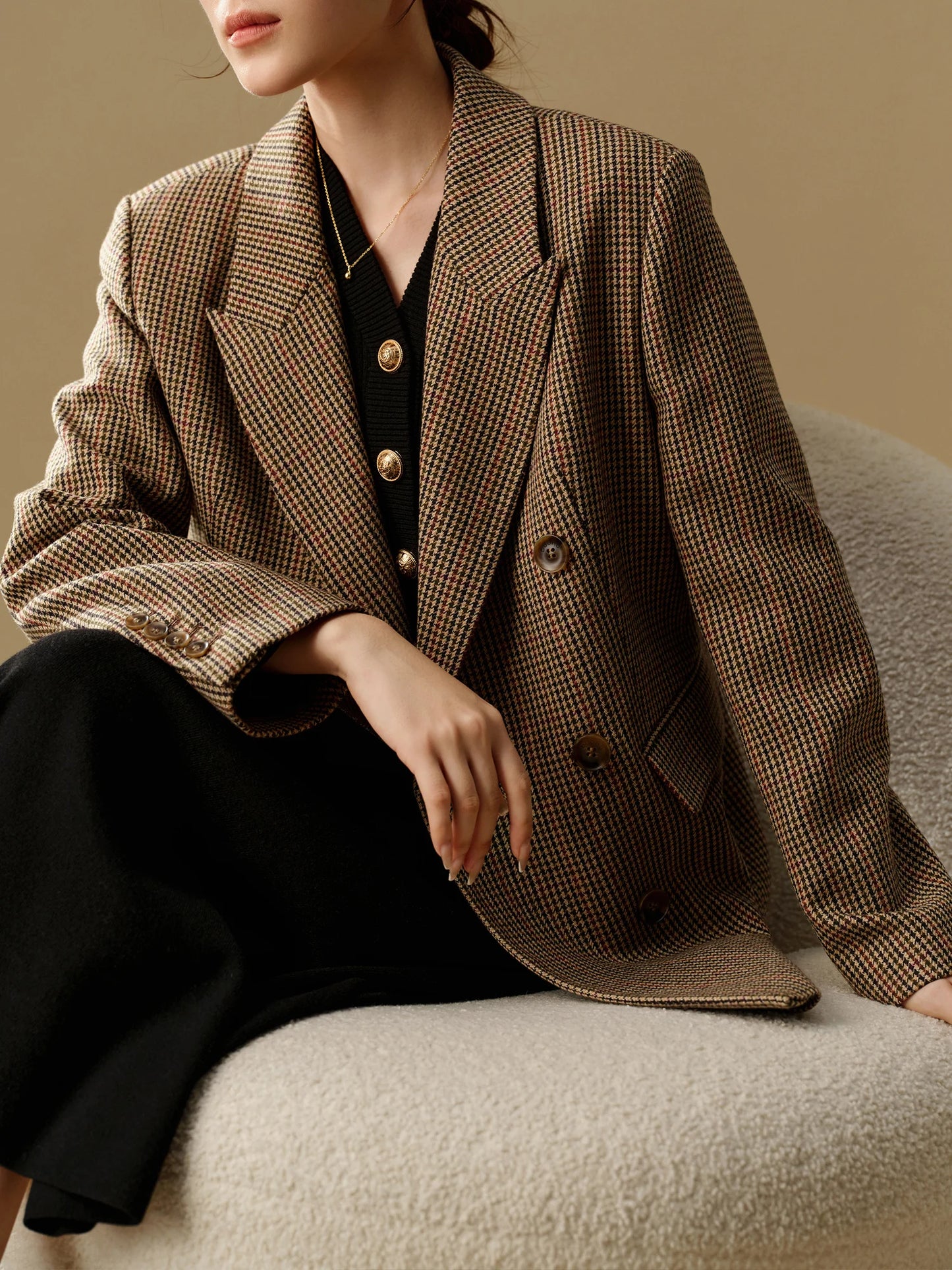 DUSHU Plus Size Fashionable Commuter Grid Pattern Suit 2024 Winter New Regular Brown Women Casual Loose Coat 24DS84354