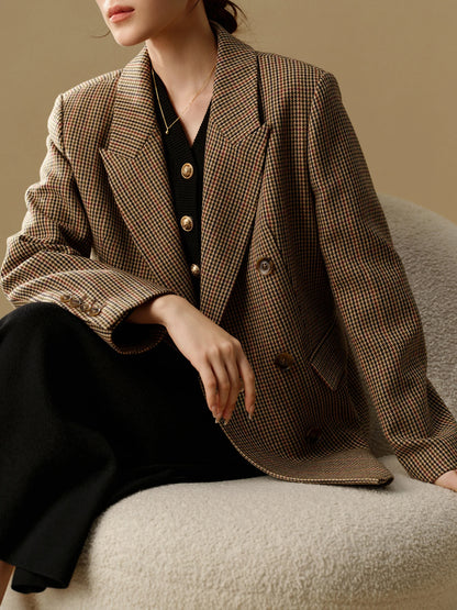 DUSHU Plus Size Fashionable Commuter Grid Pattern Suit 2024 Winter New Regular Brown Women Casual Loose Coat 24DS84354