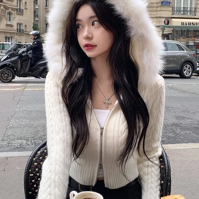 Rockmore Furry Hooded Sweaters Coat Autumn Winter Women Casual Hoodie Y2K Zipper Cropped Sweater Jacket Korean Female Knitwear