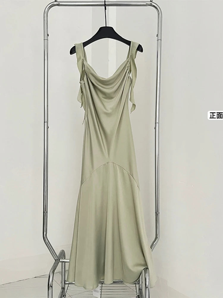 Summer French Fashion Vintage Long Prom Satin Dress Maxi Solid Colour Frocks Party Tunic Robe