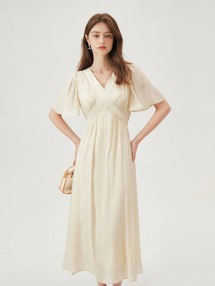 FSLE Women Flying Sleeve Temperament Long X-LINE Dress French V-neck Black Dress Office Lady Solid Dress