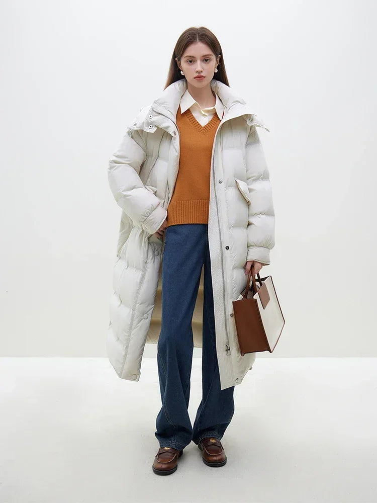 FSLE 248G Filling Capacity Women White Goose Down Jackets Detachable Hooded Design Black Mid-Length Winter Thicken Down Coats