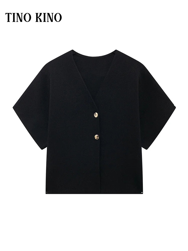 Elegant Solid Knitted Women's Vest V-neck Short Sleeve Buttons Loose Waistcoat Cardigan 2024 Summer Autumn Lady Commute Knitwear