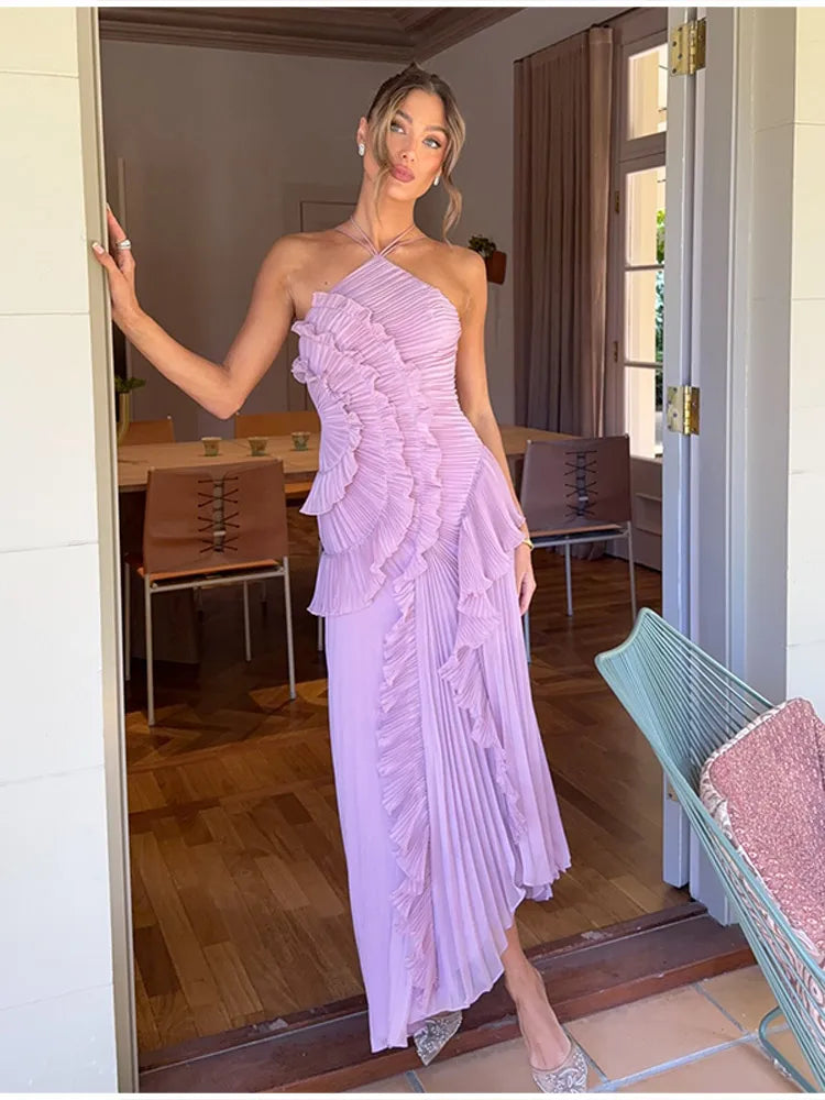 Chic pleated halter neck Lotus Edge Maxi Dress