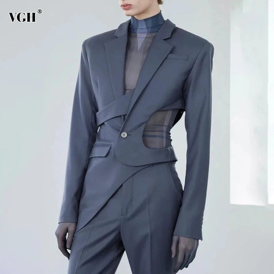 VGH Solid Hollow Out Casual Irregular Blazers For Women Notched Collar Long Sleeve Spliced Button Temperament Blazer Female New