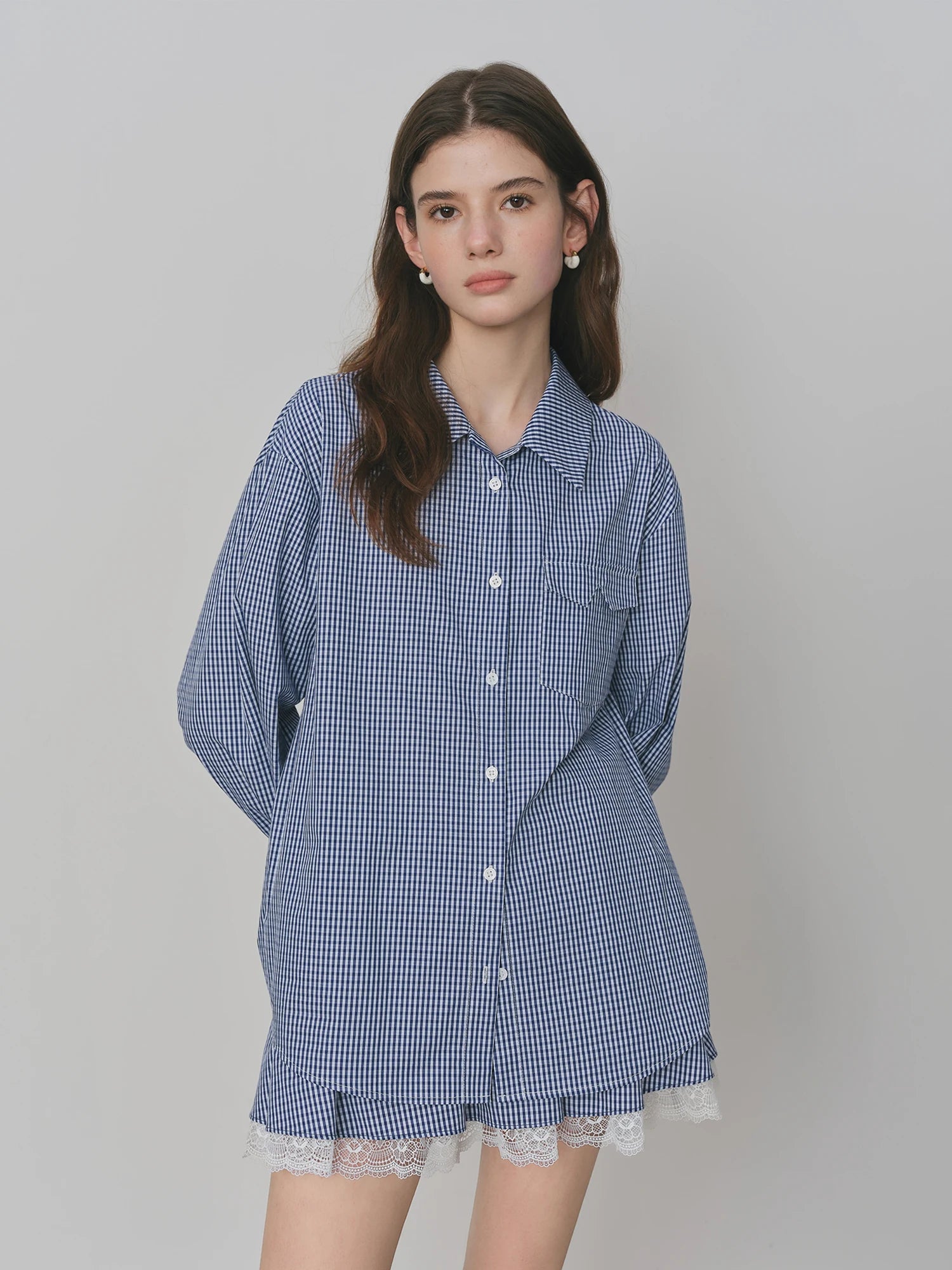 FSLE Blue Plaid Shirt Skirt Set For Women 2025 Autumn New Arrival Long-sleeved Lace Chic Blouse Y2K Skirt