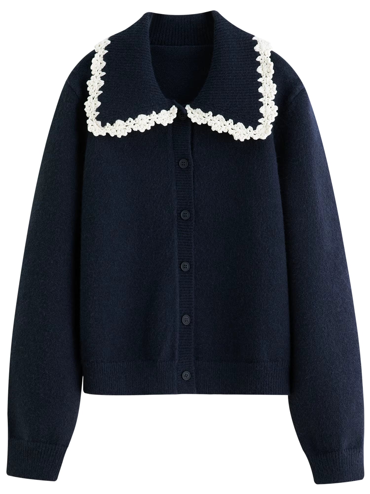 Women's Fashion Embroidery Hook Flower Knit Cardigan with Sweet Lace Edges Turned-Up Collar Flattering Sweater Cardigan