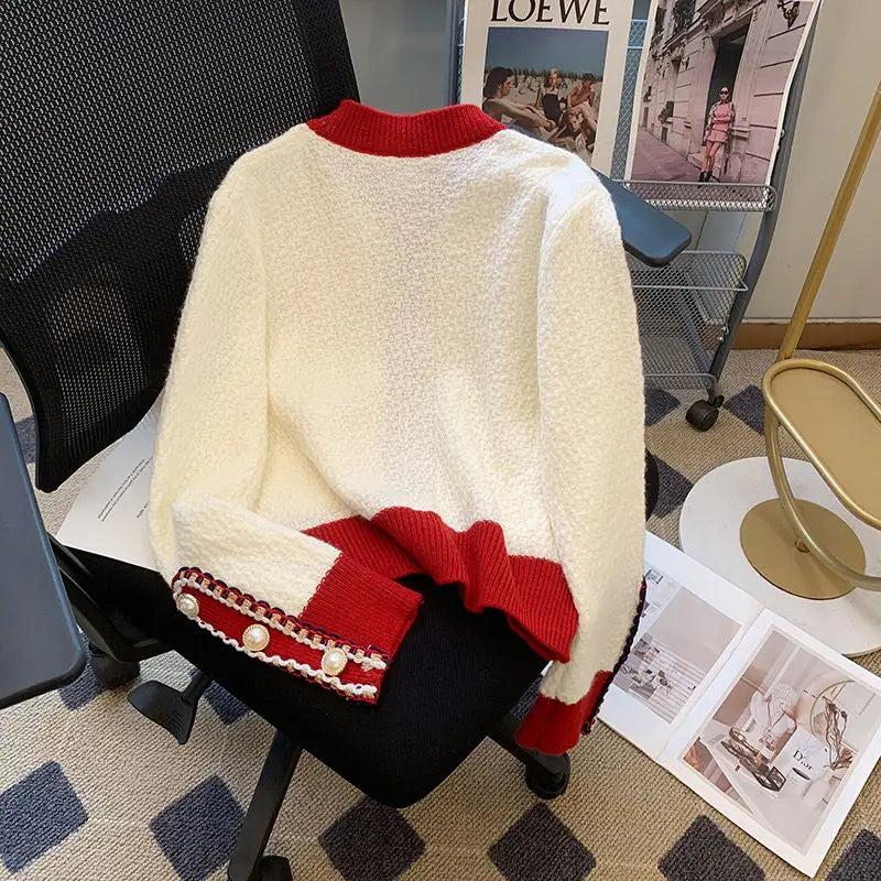 Popular and Beautiful Bow Tie Sweater Women's Autumn Outfit Design Sense Niche Knitted Cardigan Gentle and Stylish Red Jacket
