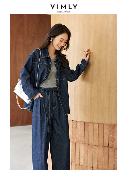 VIMLY Women's Office Lady Denim Pants Set Autumn Lapel Jacket Coat+ Casual Wide Leg Pants WithBelt Simple Loose StreetwearSuits