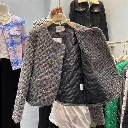 Winter Tweed Thick Round Neck Jackets Coat Casual Warm Women Double Breasted Chaquetas Casaco Cotton Padded Lined Ceket Abrigo