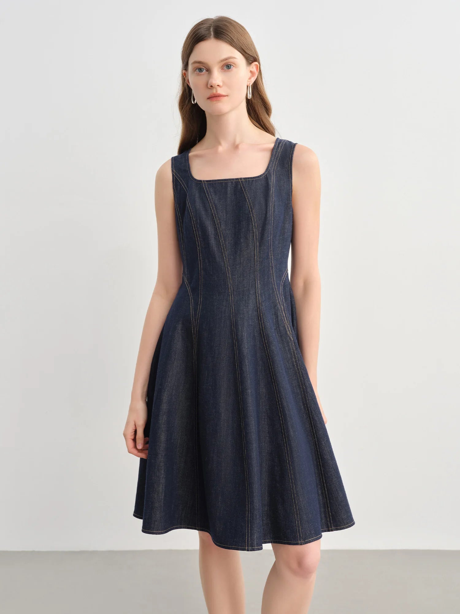 DUSHU Plus Size Denim Dress Women Summer Lyocell Tencel Breathable Slim Vest Dress Line Carved Dress