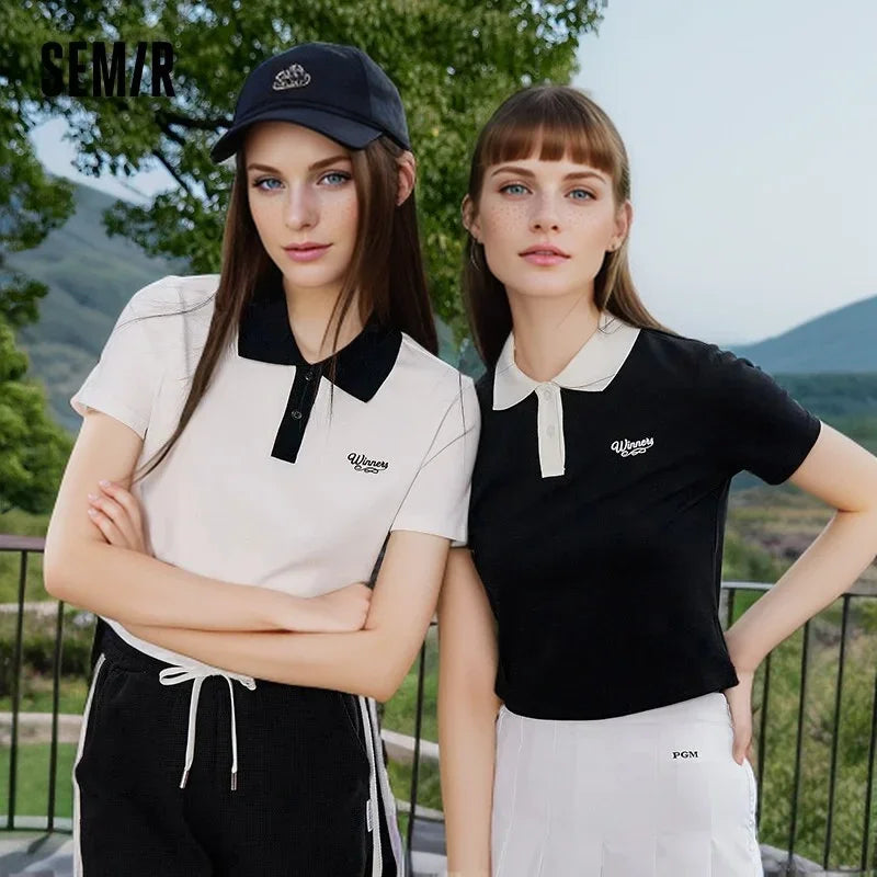 Semir women POLO shirt short and tight simple style printed flower summer style letter collision color casual top