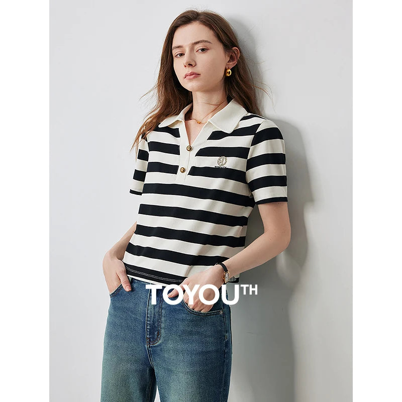 TOYOUTH Women Letter T-shirt 2024 Summer New POLO Collar Top