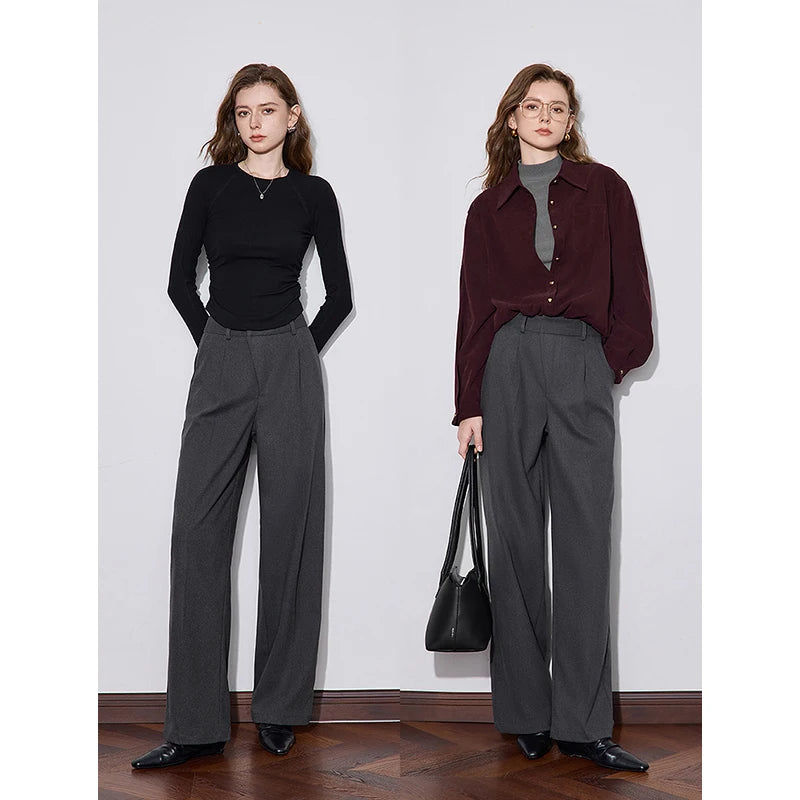 TOYOUTH Women Casual Pants 2024 Autumn and Winter New High Waiste Wide Leg Woolen Office Lady Working Wear Suit Trousers