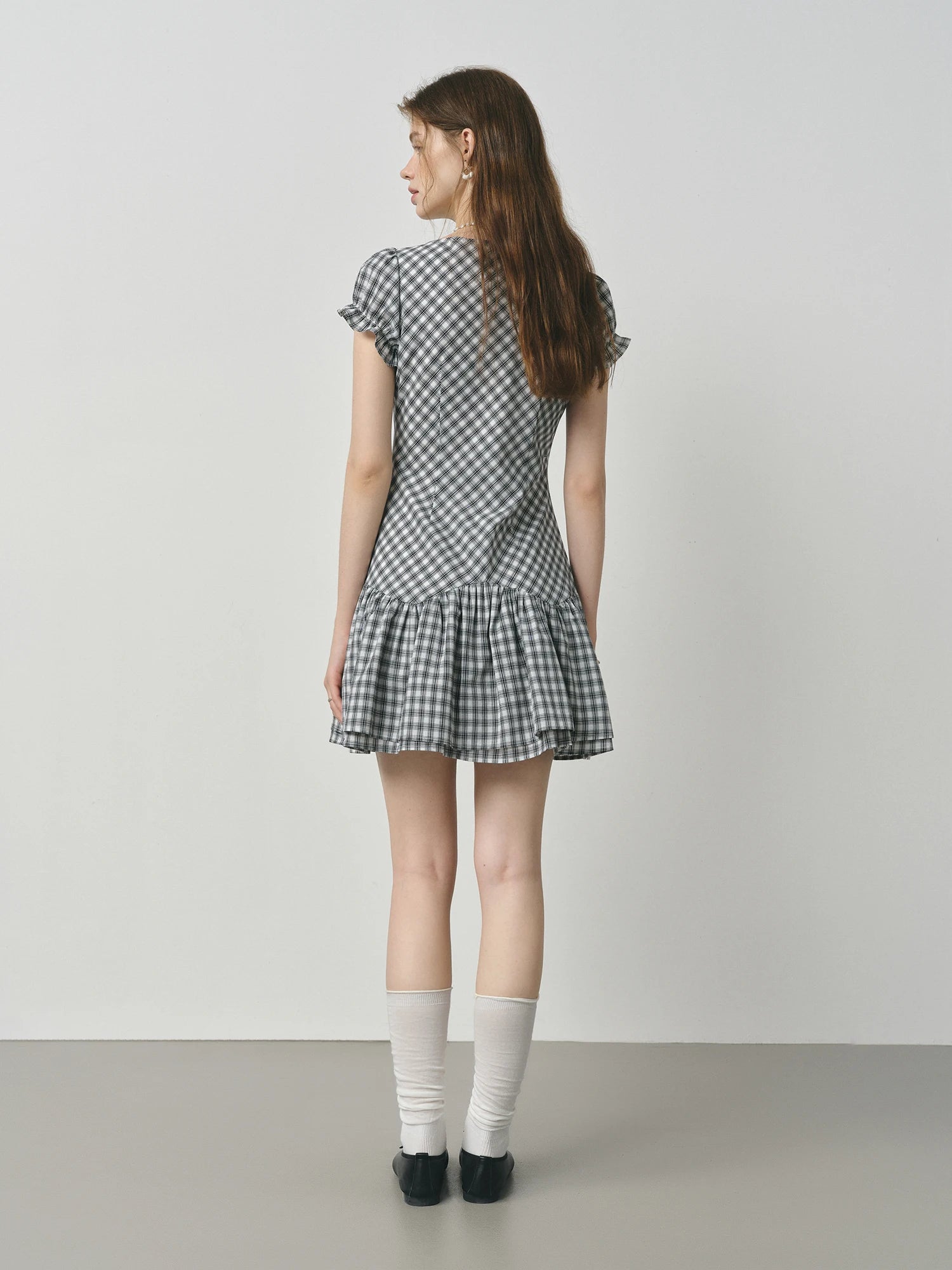 FSLE 2025 Summer Plaid Dress - Black White Textured Ruffle V-Neck Short Flattering Silhouette Office to Party