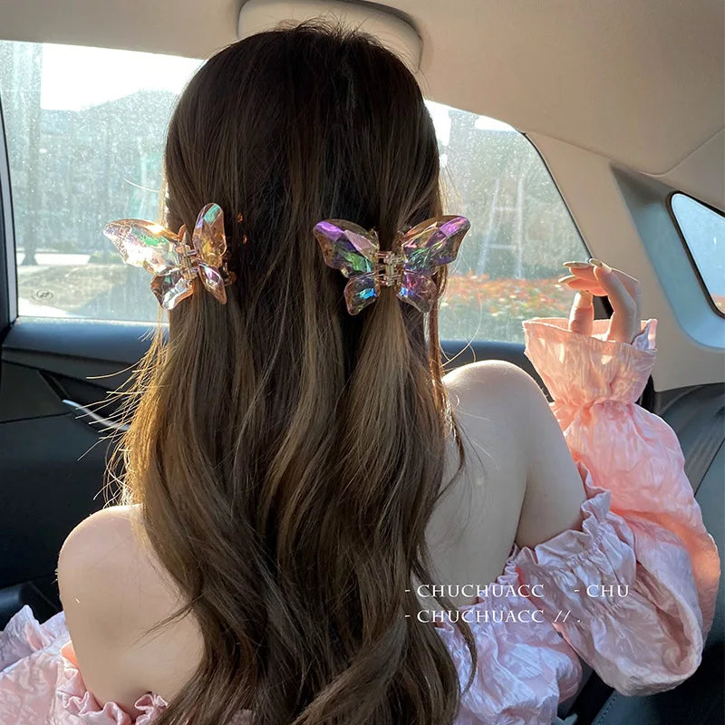 2Pcs Colorful Butterfly Hair Claws for Women Transparent Large Hair Claw Clip Girls Acrylic Hairpins Barrettes Hair Accessories
