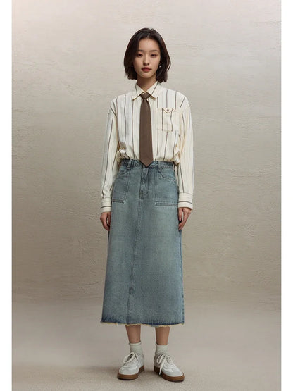 ZIQIAO High Waist Retro Denim Blue A-LINE Skirts Pocket Decoration Back Slit Women Long Denim Skirt Raw Edge Female Skirt