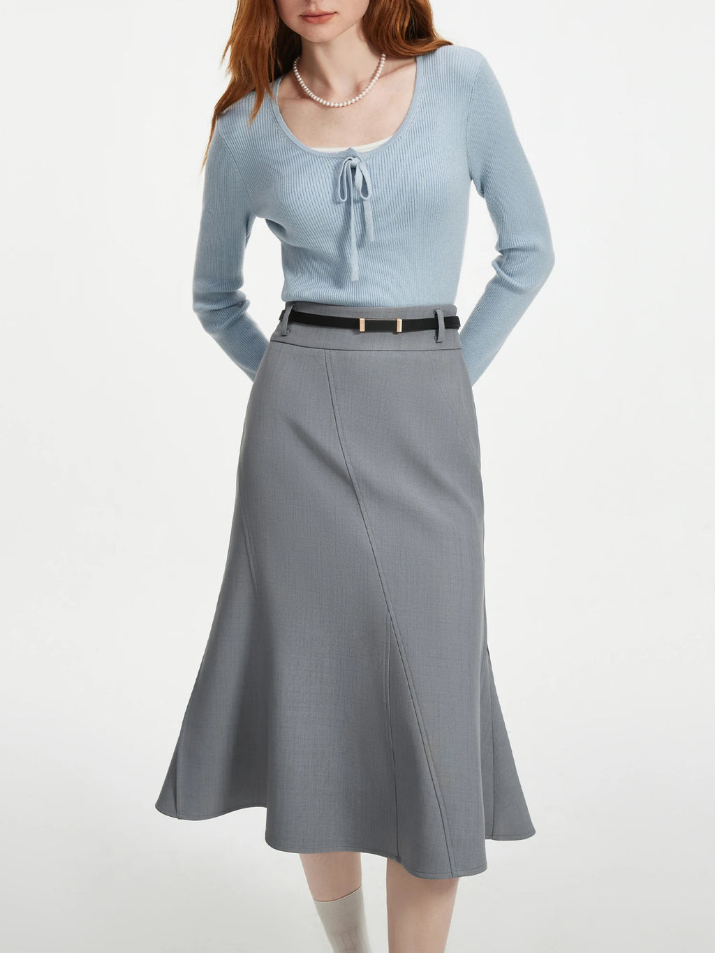 FSLE Gray Elegant High Waist Long Skirt For Women 2024 Autumn New Versatile Casual Unique Design Skirt 24FS13134