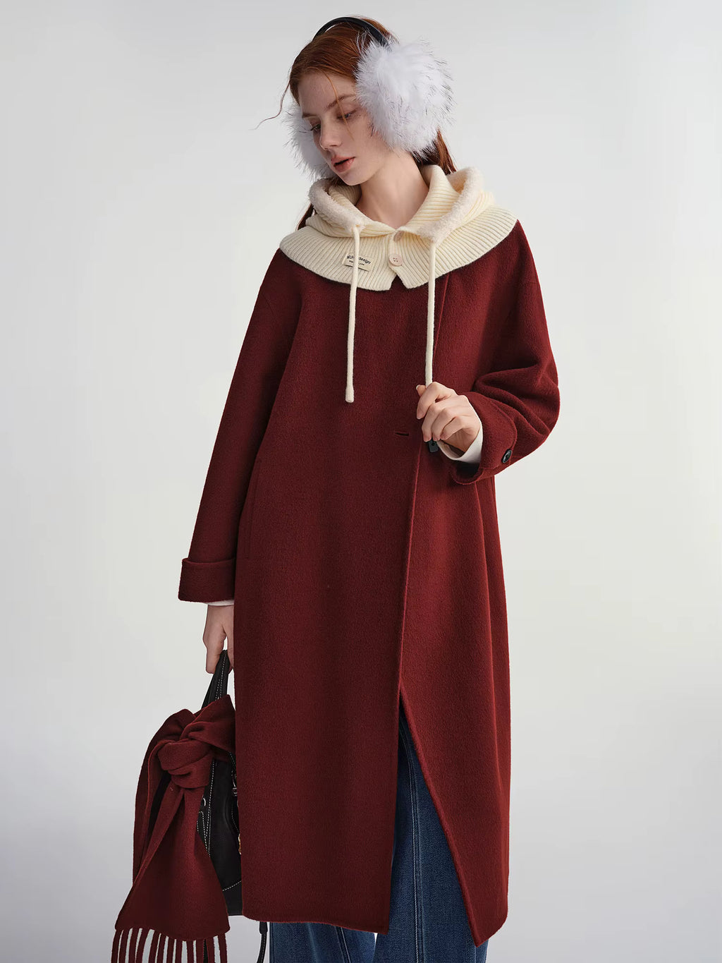 Plus Size Women's Design Forward Double Faced Wool Trench Coat with Detachable Scarf Collar 100% Sheep Wool With Scarf