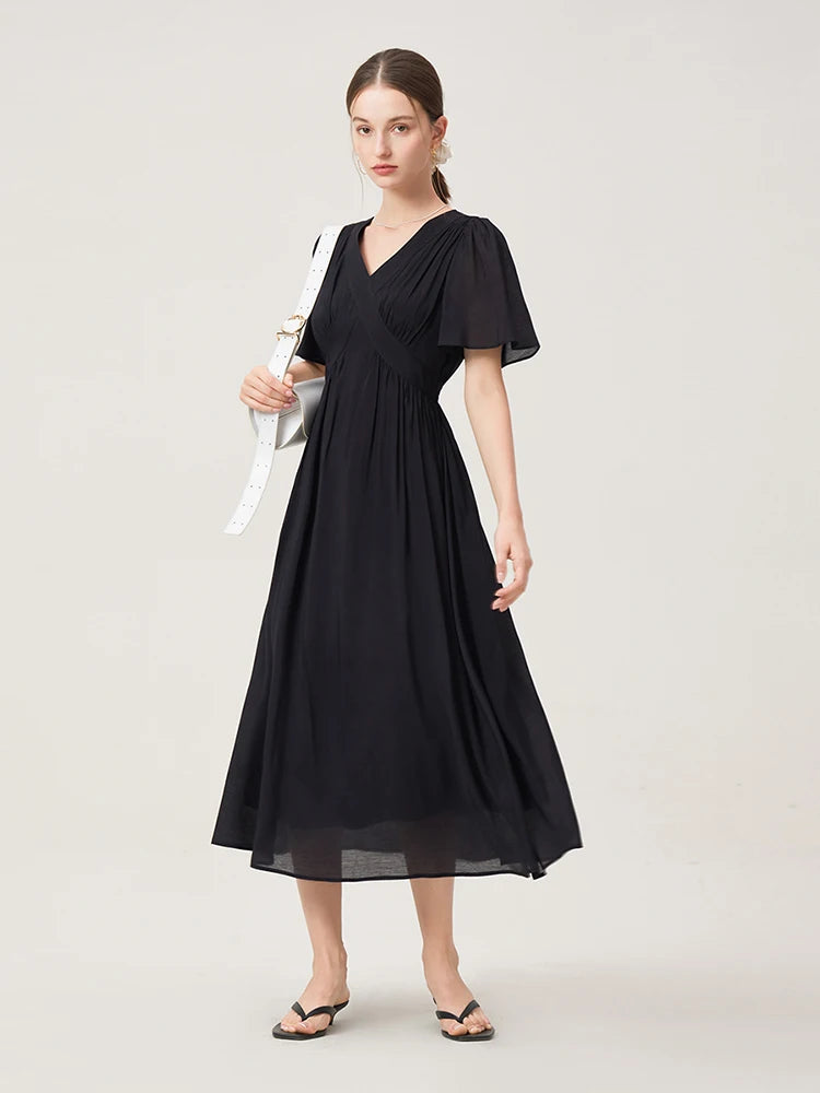 FSLE Women Flying Sleeve Temperament Long X-LINE Dress French V-neck Black Dress Office Lady Solid Dress