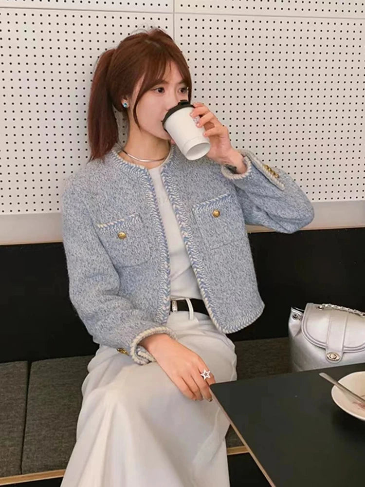 Zoki French Sweet Women Tweed Jacket Elegant Buttons Faux Wool High Quality Coat Fashion New Long Sleeve Casual Female Outwear