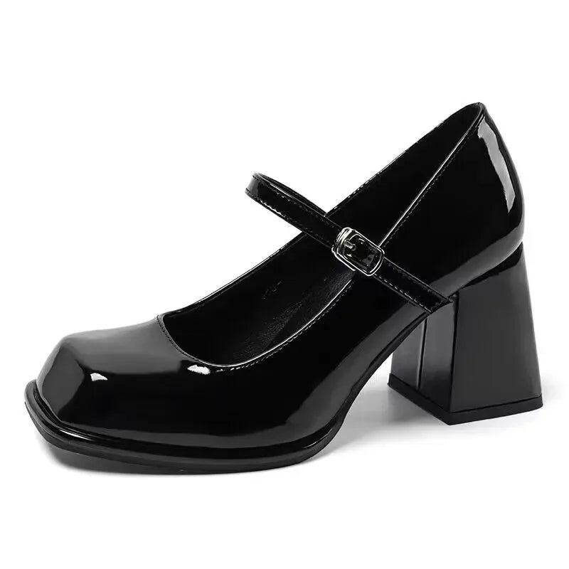 Mary Janes Vintage Black Sandals Woman Buckle Non-Slip Casual Medium Heels Office Ladies Solid Elegant Heels Korean 2023 Summer