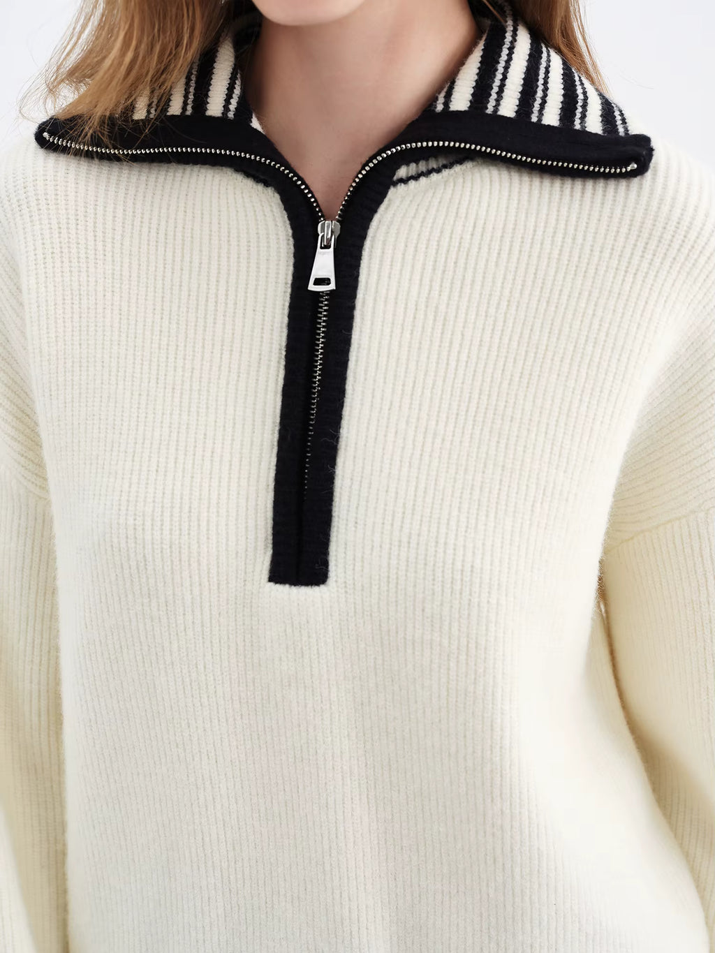 Women's 2025 Autumn/Winter New Style Ribbed Loose-fitting Zipper Stand Collar Color Block Inner Knit Sweater