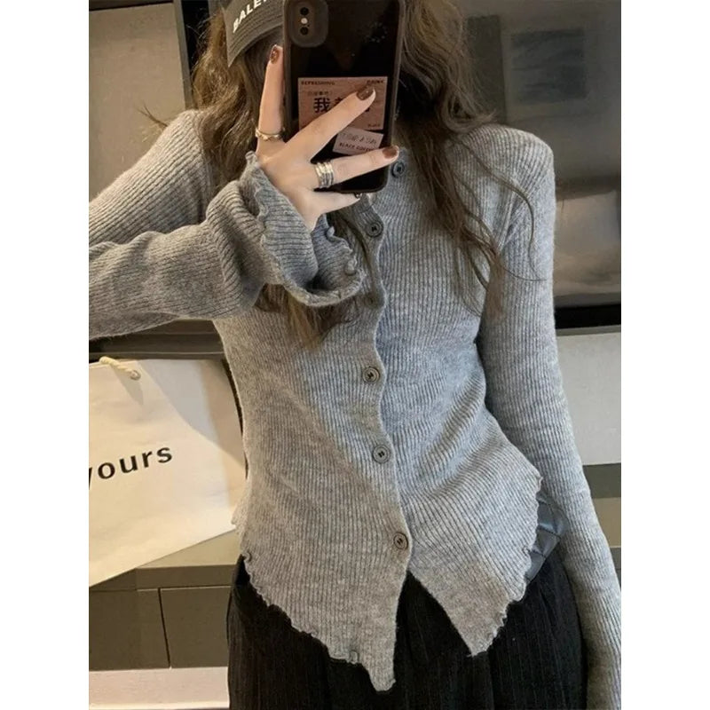 Deeptown Y2k Grey Vintage Women Kint Sweater Harajuku Long Sleeve Cardigan Irregular Korean Fashion Slim Autumn Jerseys Casual