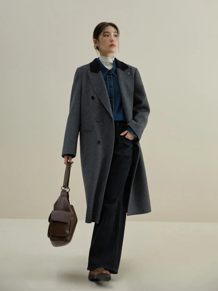 DUSHU 100% Wool Dark Grey Women Temperament Double Breasted Long Woolen Jacket Notched Collar Front Shoulder Commute Woolen Coat