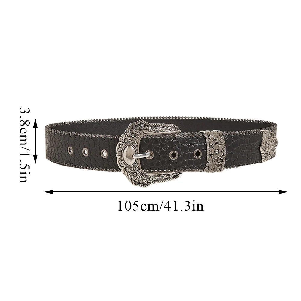 Fashion Gothic Pu Belt for Women Alloy Buckle Jeans Waist Strap Luxury Design Stone Pattern Female Jeans Waistband Y2k Accessory