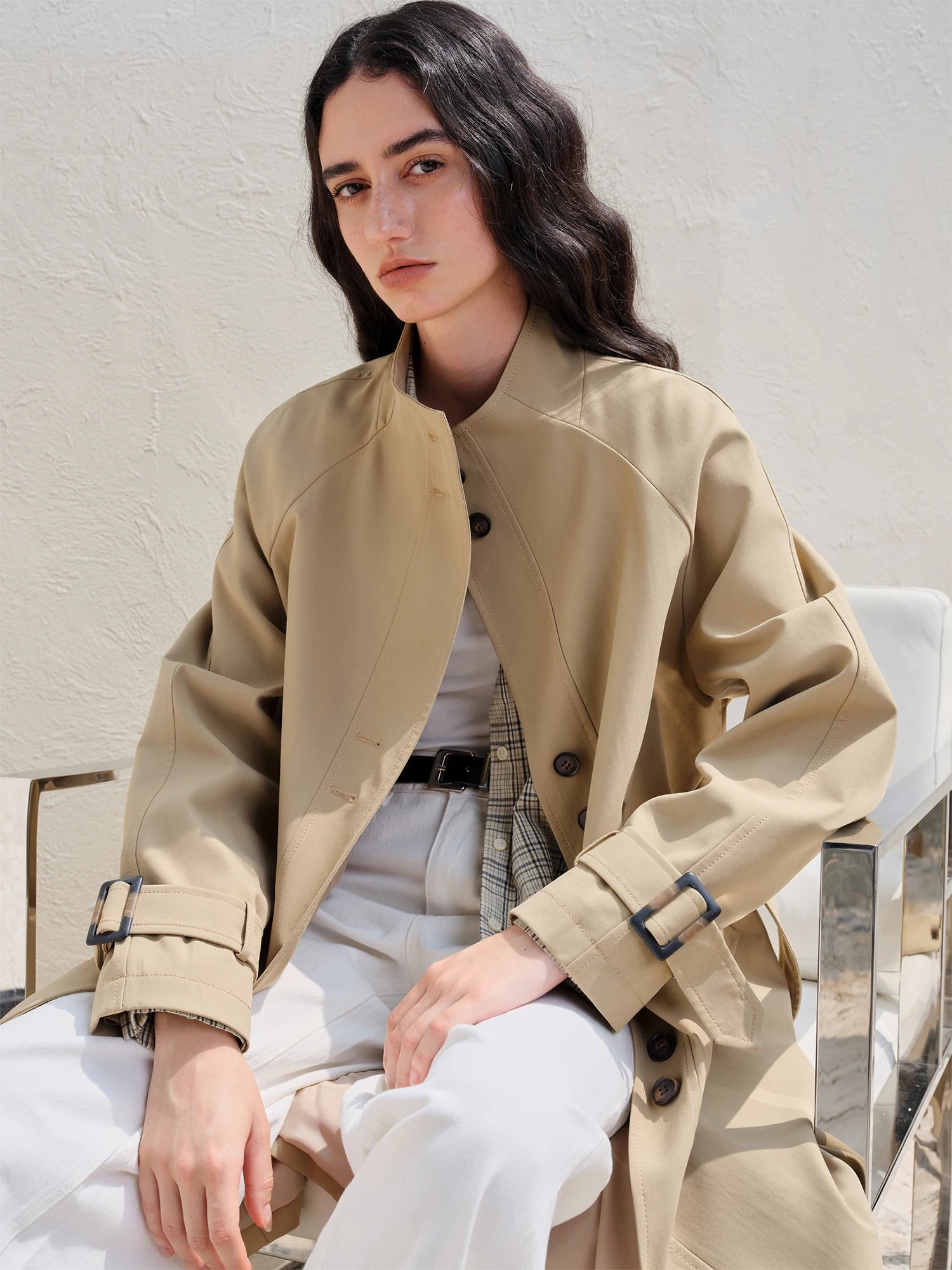 ZIQIAO Retro Style Stand Collar Mid-length Trench Long Jacket For Women 2025 New Arrival Short Khaki Coat