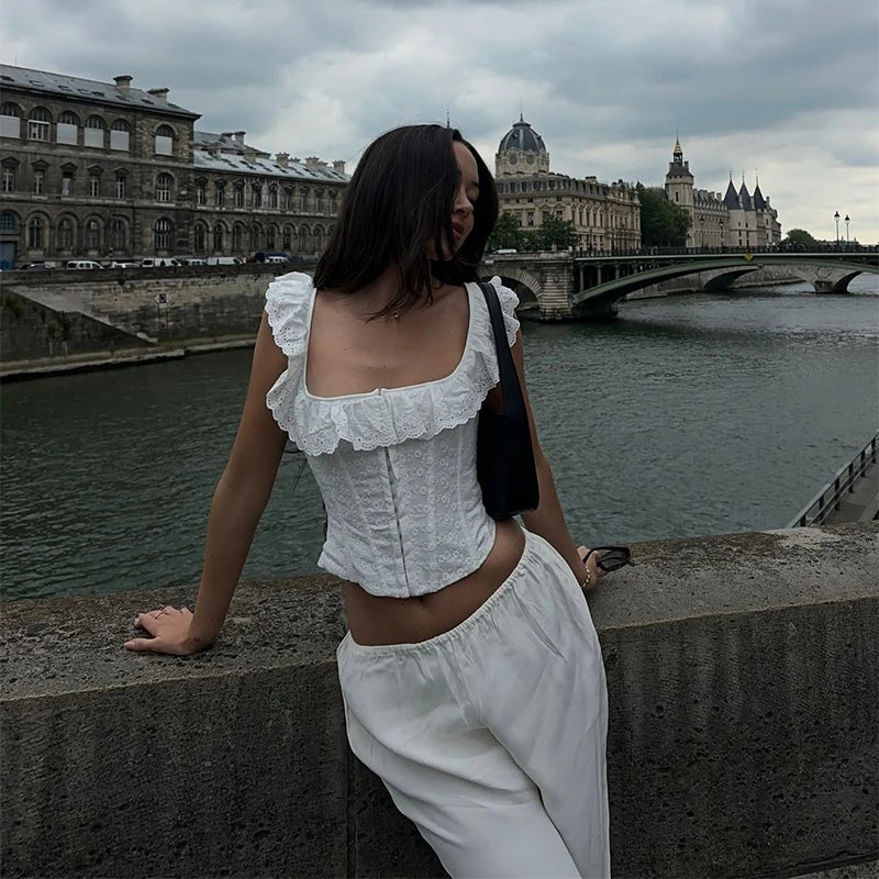 Romantic White Ruffled Square Neck Corset Top