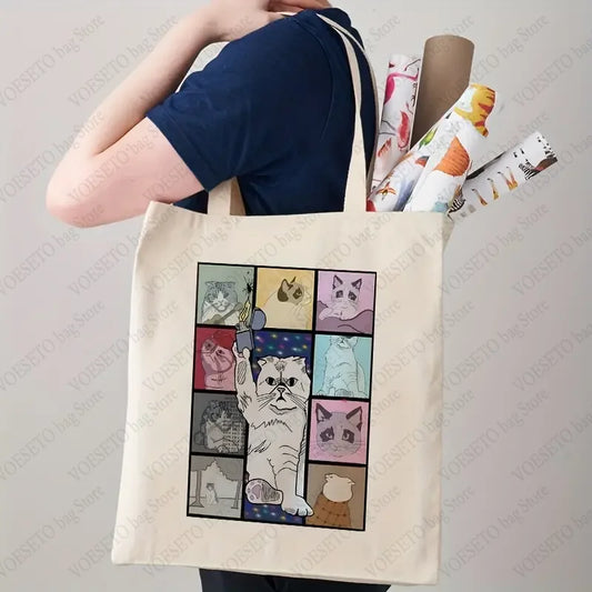 The Eras Tour Cat Version Pattern Canvas Tote Bag Taylor Shopping Bag TS Merch Cute and Funny Cat Shoulder Bags