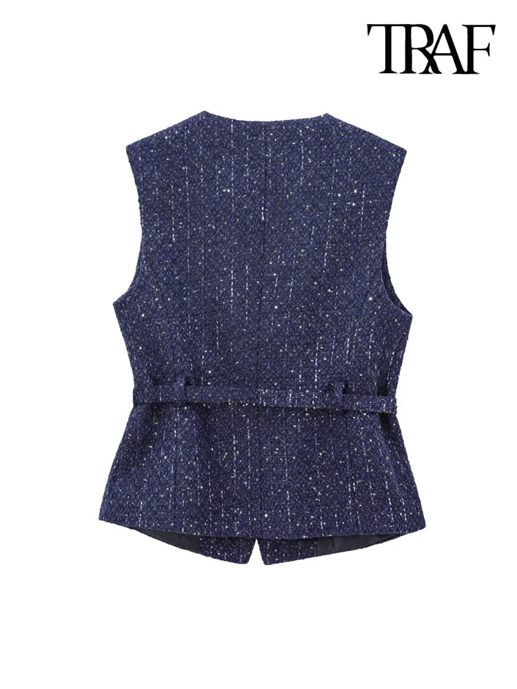 TRAF-Women's Tweed Waistcoat with Belt, O Neck, Sleeveless, Front Button, Female Outerwear, Chic Tops, Fashion