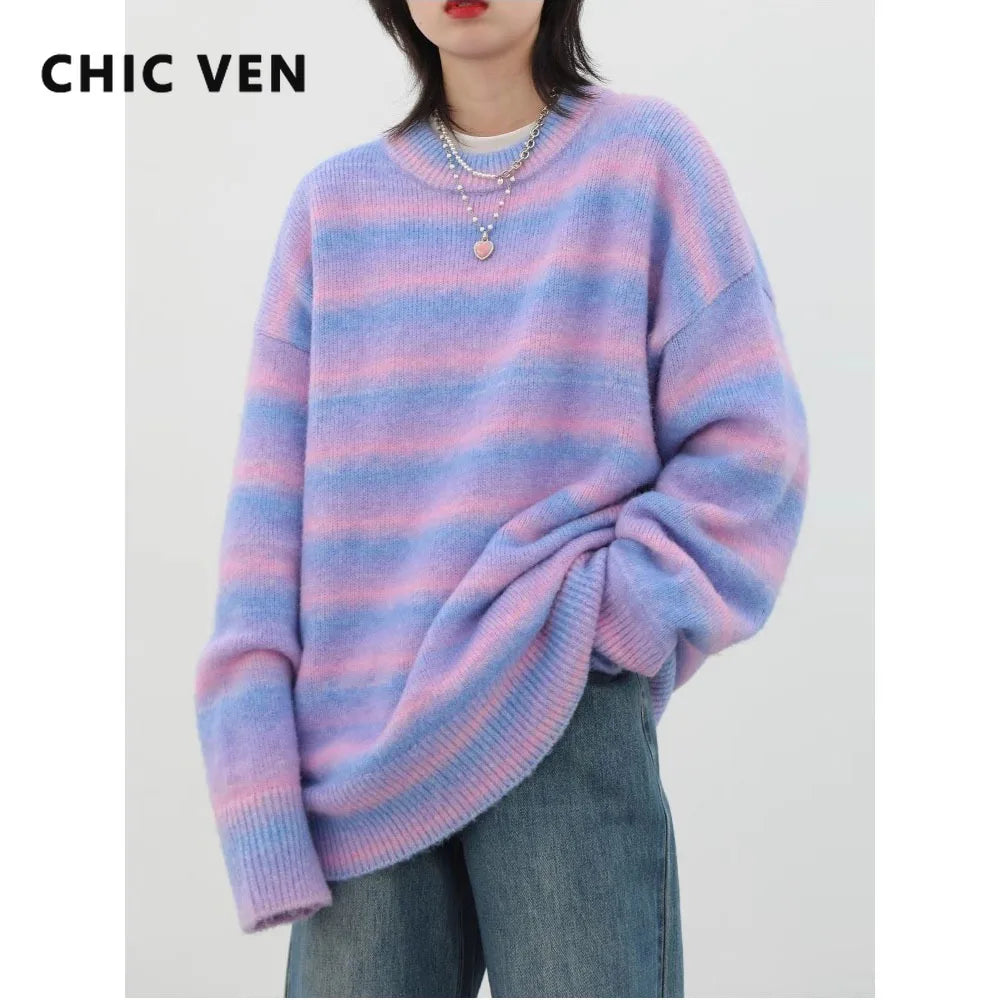 CHIC VEN Fashion Women Sweater Casual Loose Gradient Stripe Pullover Knitwears Female Jumpers Woman Tops Autumn Winter 2023